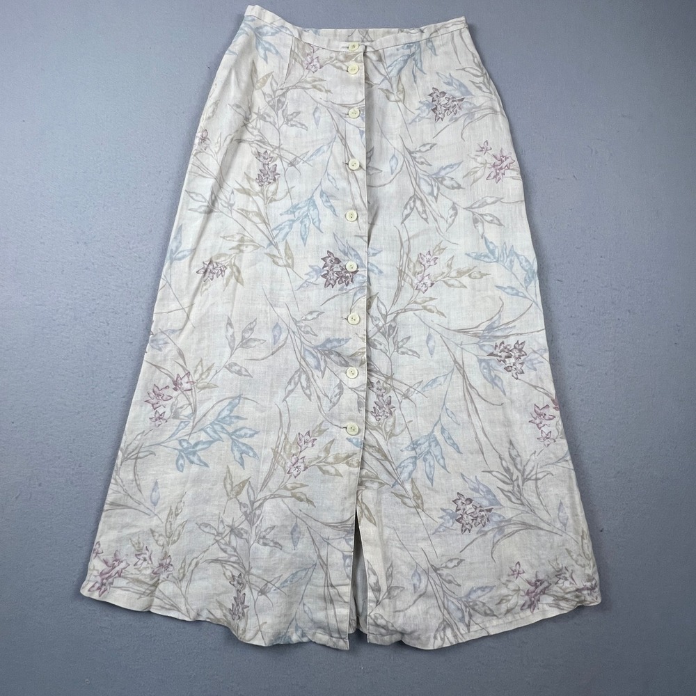 Liz Claiborne Lizsport Skirt Womens 8P Beige Floral Linen Button Front Midi Boho